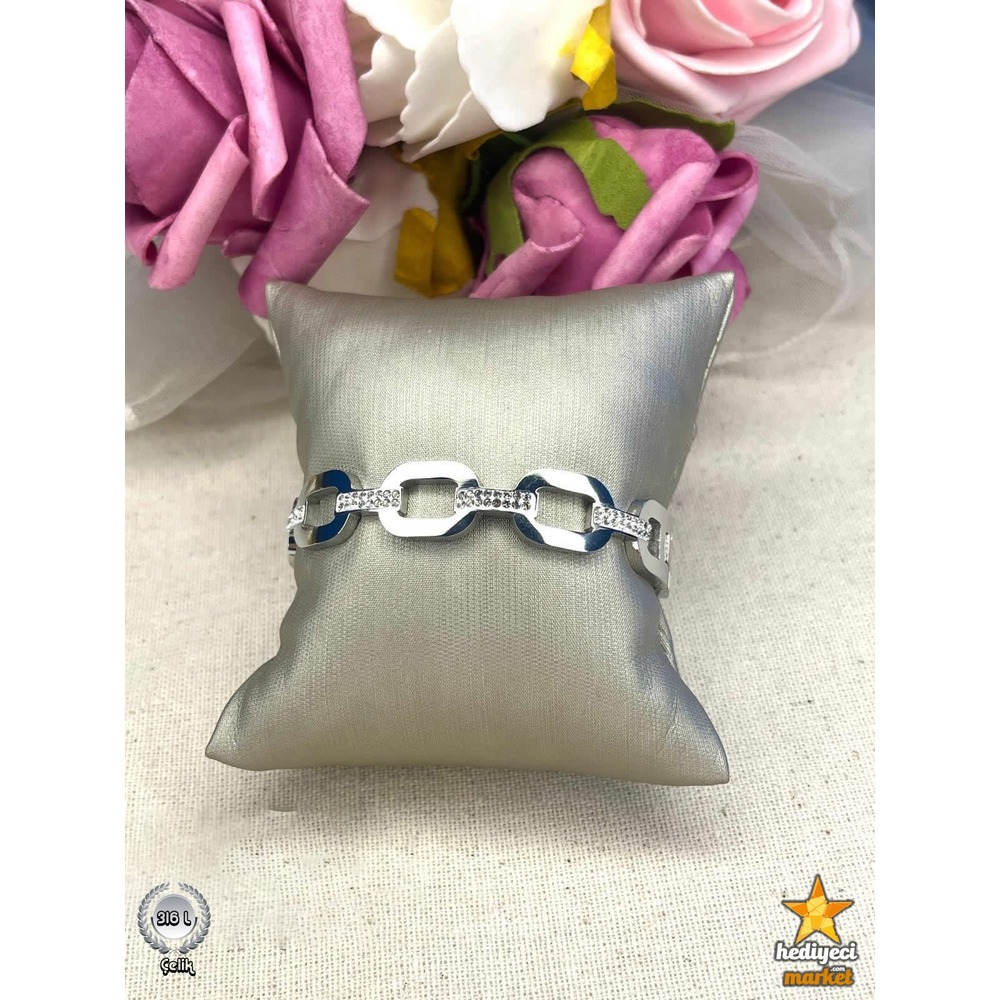 316 L Zirkon Taşlı Silver Zincir Model Çelik Kelepçe Bileklik - HMÇB-0027 ||HM-03-00105-03
