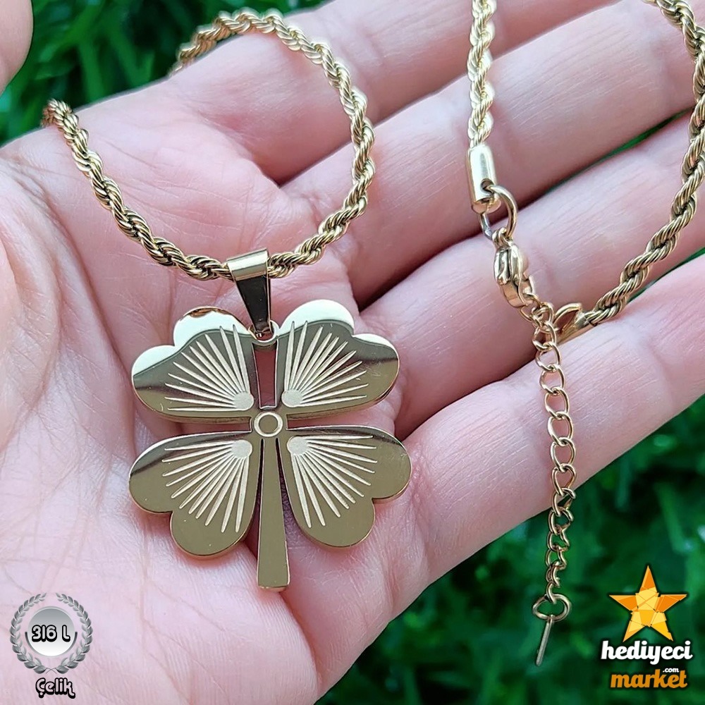 316 L Paslanmaz Çelik 4 Yapraklı Burgu 60cm Zincir Kolye - HMÇK-0032 || HM-03-00072-01