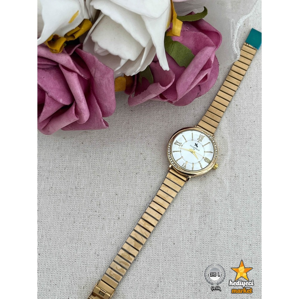 316 L Club Polo Altın Rengi Taşlı Yuvarlak Çelik Kadın Kol Saati-HMKS-0012 || HM-03-00093-01