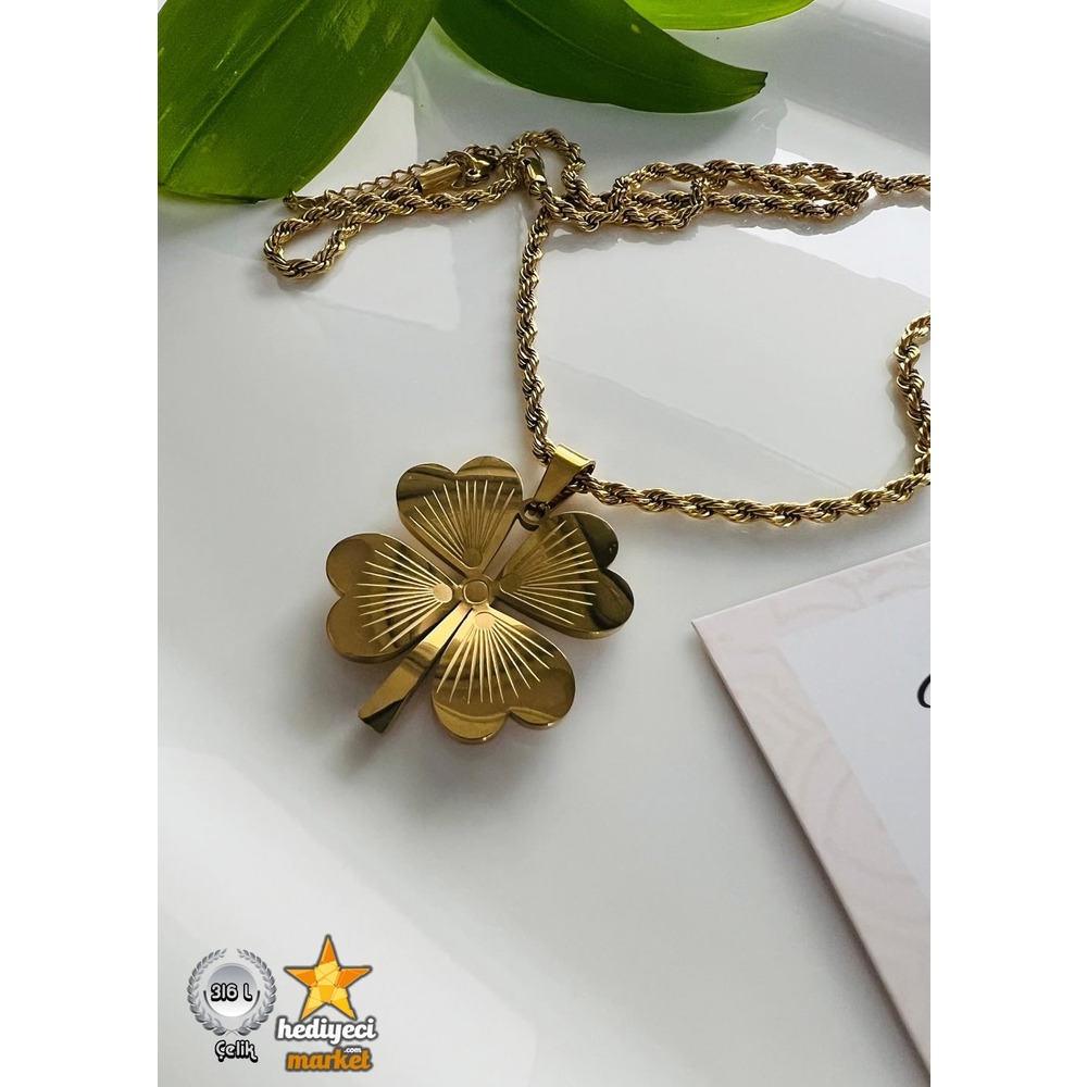 316 L Paslanmaz Çelik 4 Yapraklı Burgu 60cm Zincir Kolye - HMÇK-0032 || HM-03-00072-01