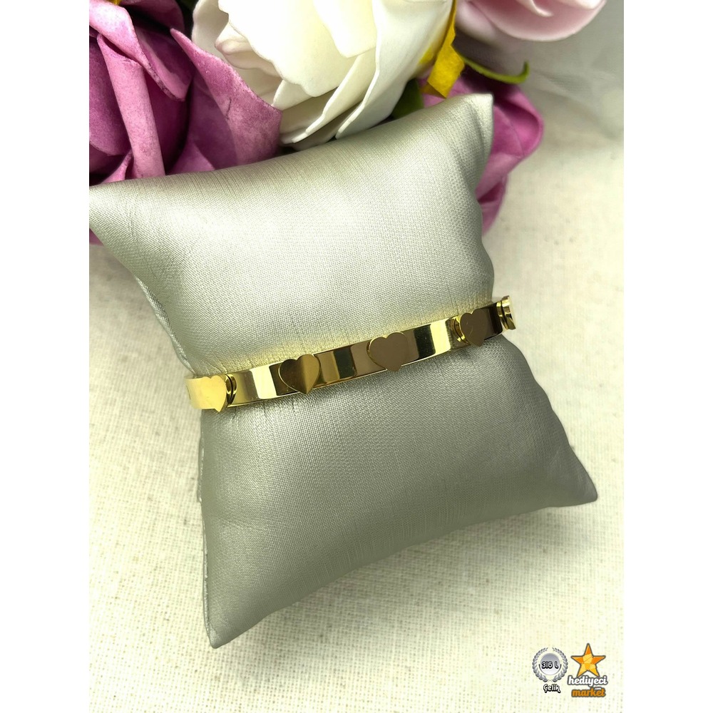 316 L Gold Kalpli Aşk Kelepçe Çelik Bileklik - HMÇB-0022 || HM-03-00104-01