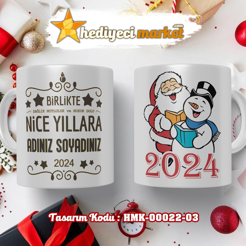 Kişiye Özel 2024 Yılbaşı Temalı Beyaz Kupa Bardak - HMK-00022-03 - HM-01-00072-03