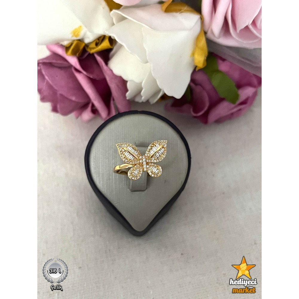 316 L 2MM Gold Zirkon Taşlı Kelebek Ayarlanabilir Çelik Yüzük - HMÇY-0005 || HM-03-00094-05