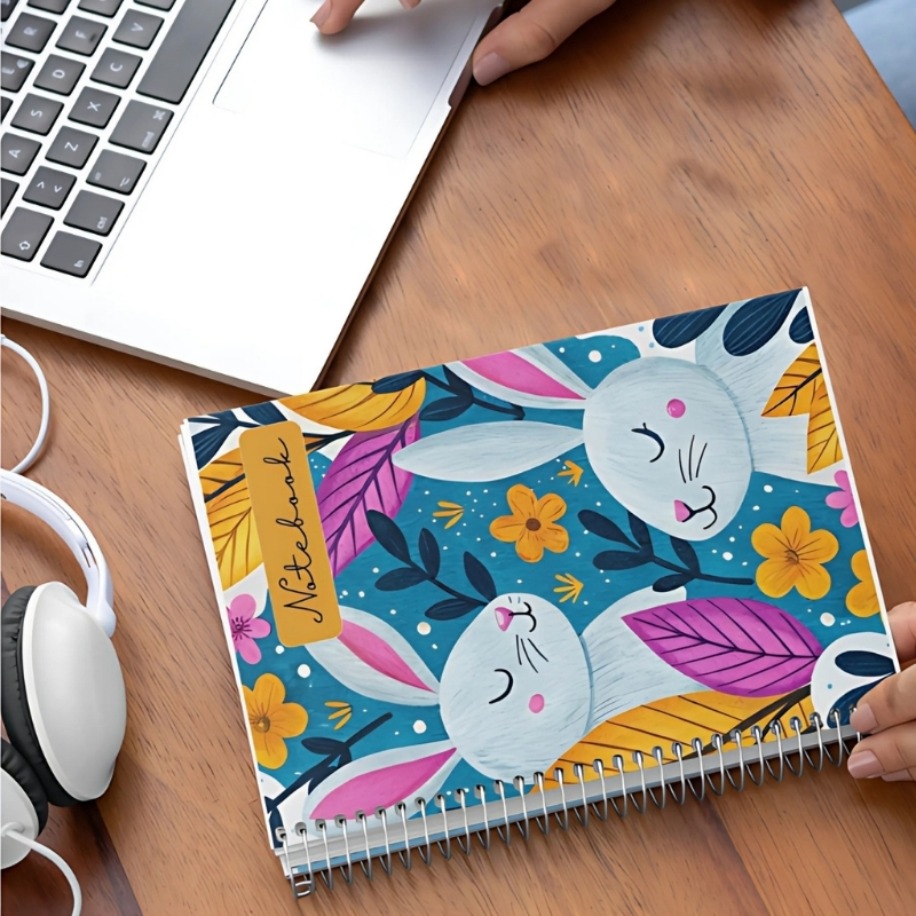 Sevimli Tavşanlı Çiçekli Spiral Defter – Renkli ve Şık Tasarım