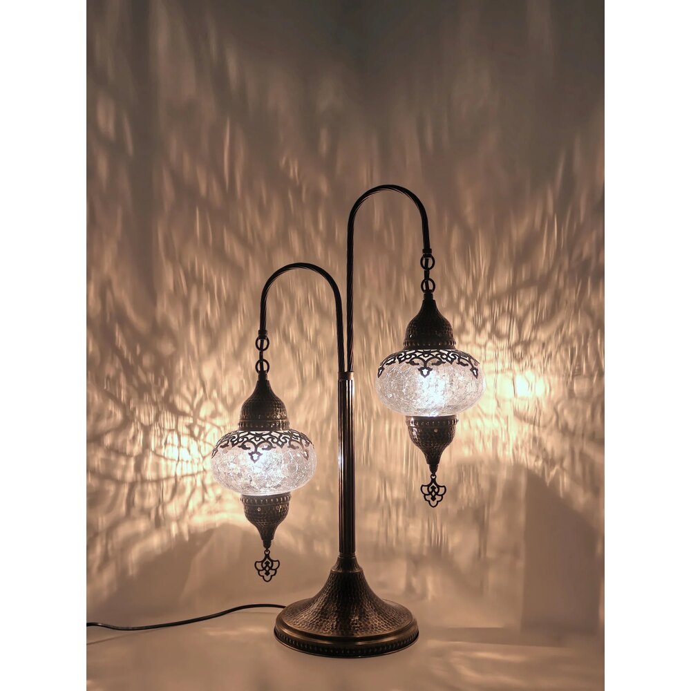 Turkish Bedside Lamp Clear Glass Cracked 2-Globe Decor Turca