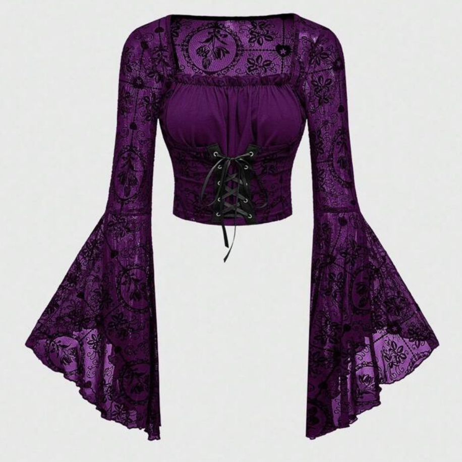 Lace Vintage İspanyol Kol Detaylı Bluz - Mor | Lolilatte