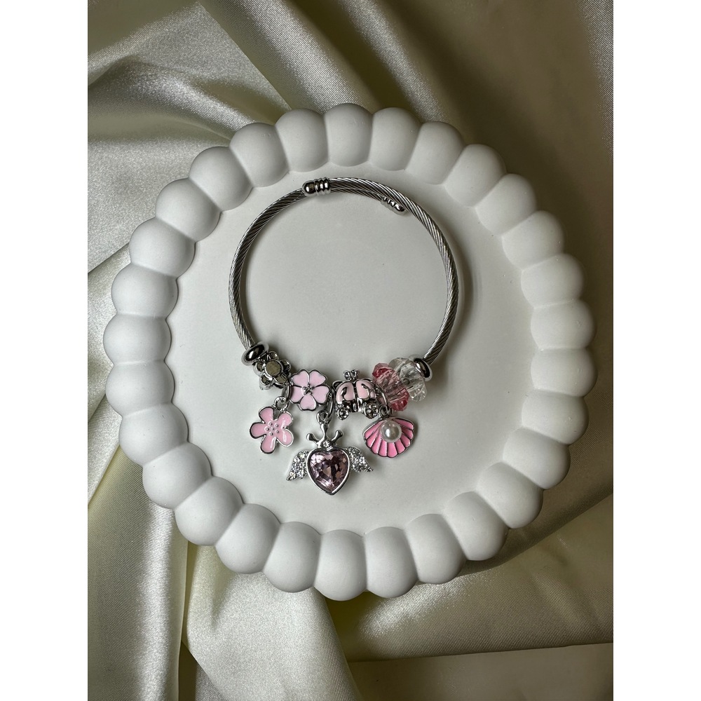 Pandora Model Pembe Kristal Kalp Charm Çelik Bileklik