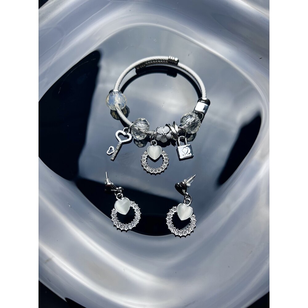 Pandora Model Kalp Charm Çelik Küpe Bileklik Set