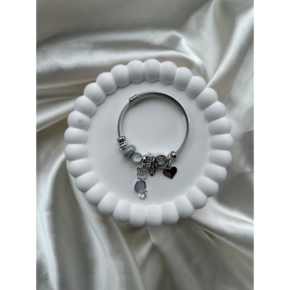 Pandora Model Beyaz Kedi Charm Çelik Bileklik