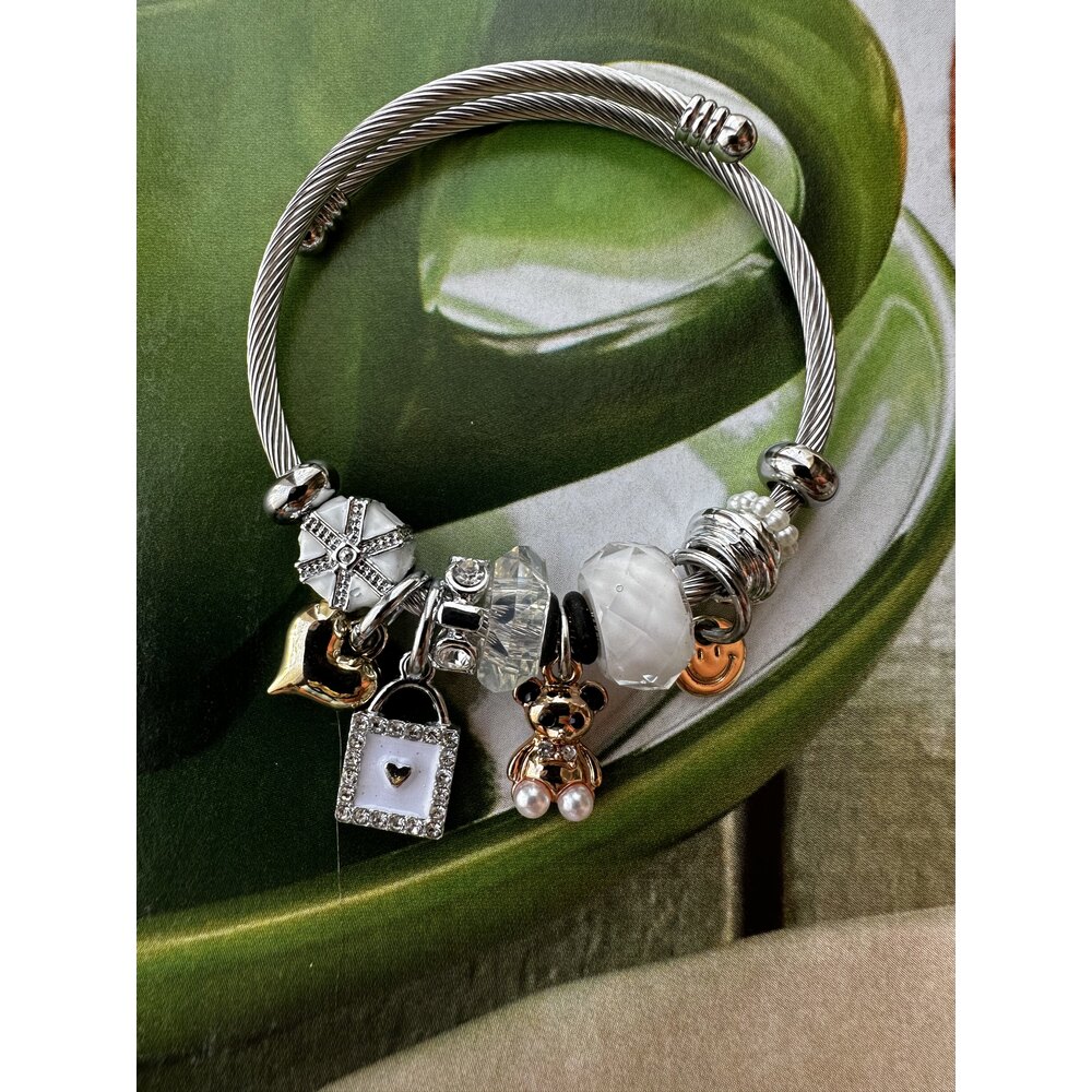 Pandora Model Beyaz Ayıcık Charm Çelik Bileklik