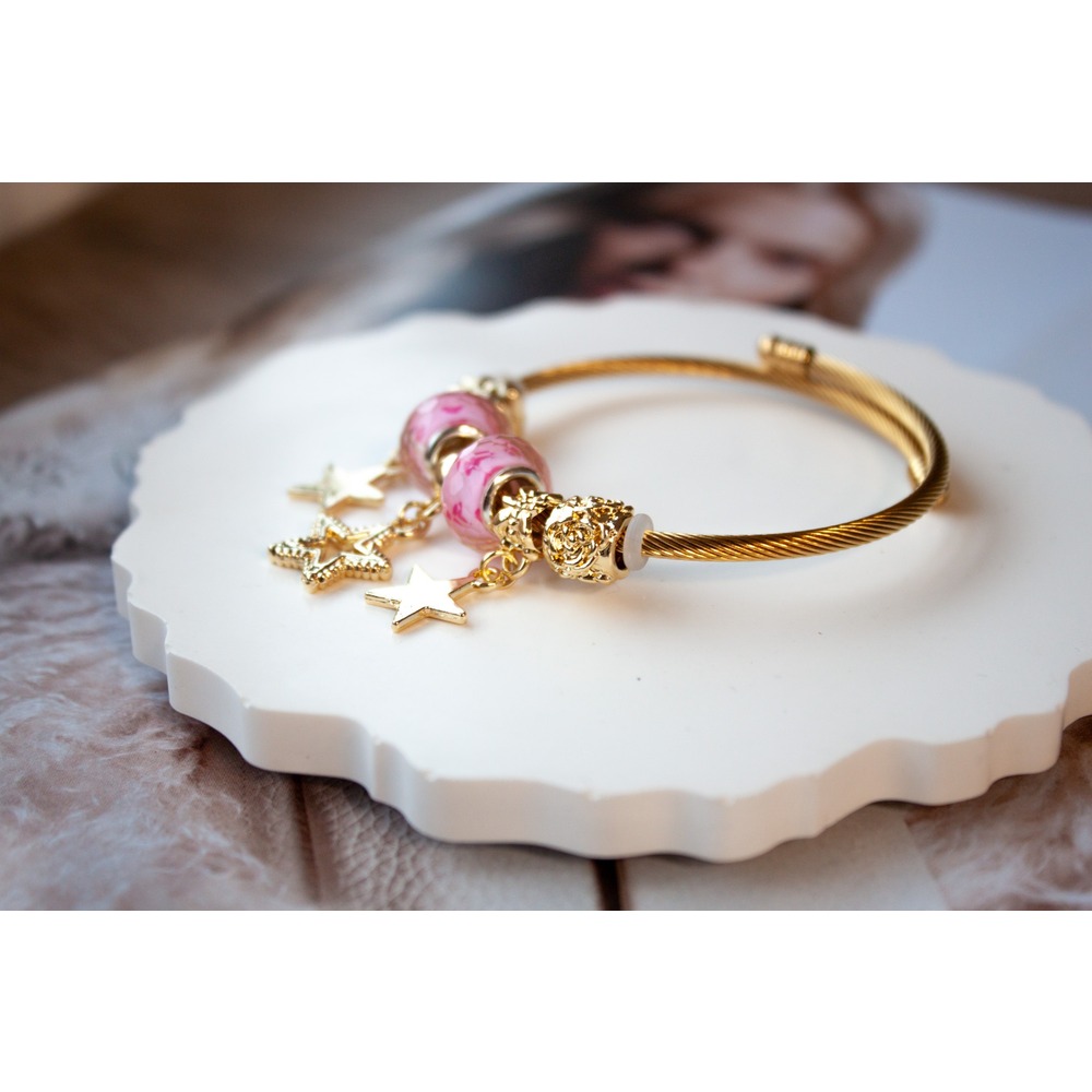 Pandora Model Pembe Yıldız Charm Çelik Bileklik