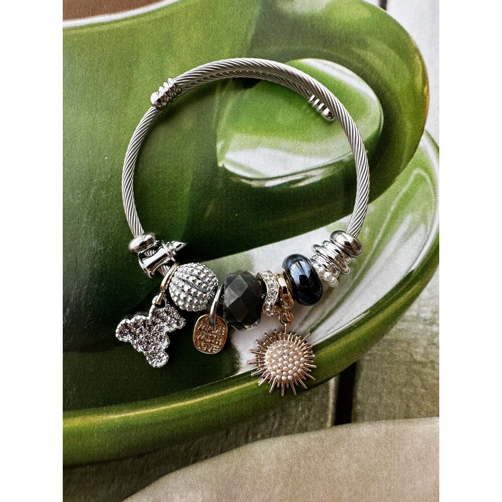 Pandora Model Siyah İnci Güneş Charm Çelik Bileklik