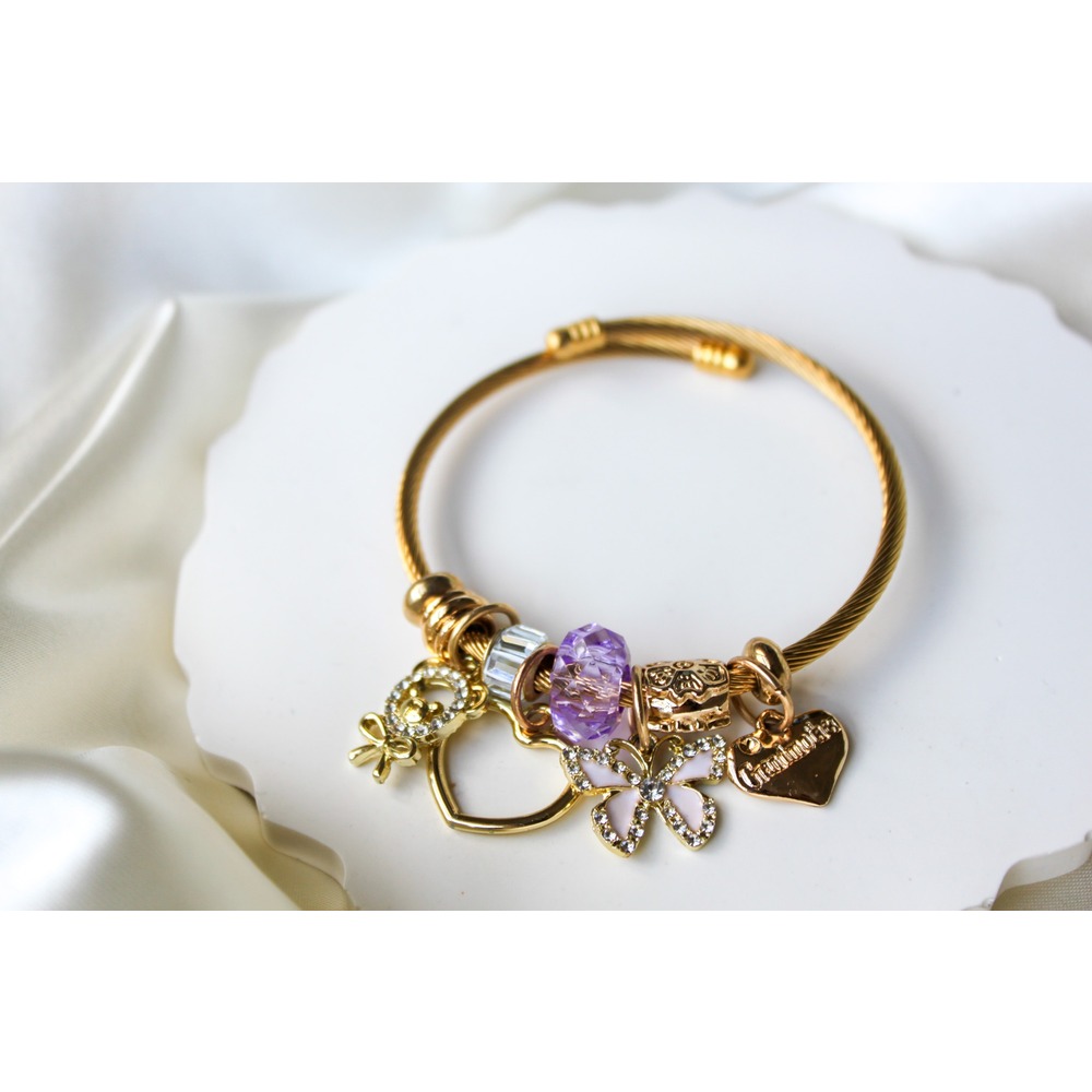 Pandora Model Mor Kelebek Charm Çelik Bileklik
