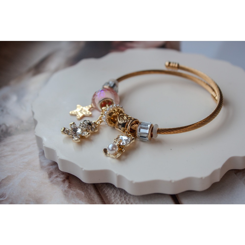 Pandora Model Pembe Ayıcık Charm Çelik Bileklik