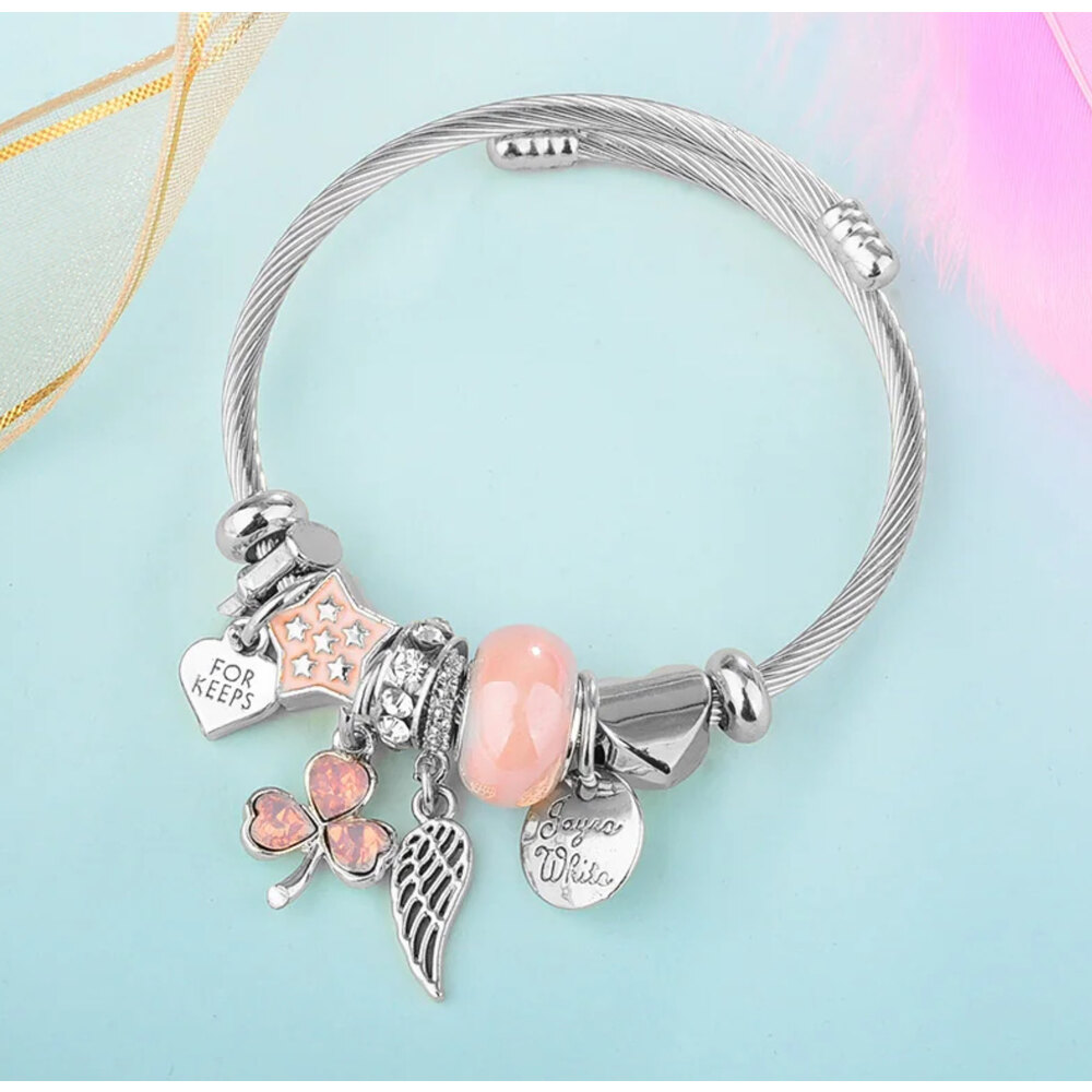 Pandora Model Pembe Yonca Charm Çelik Bileklik