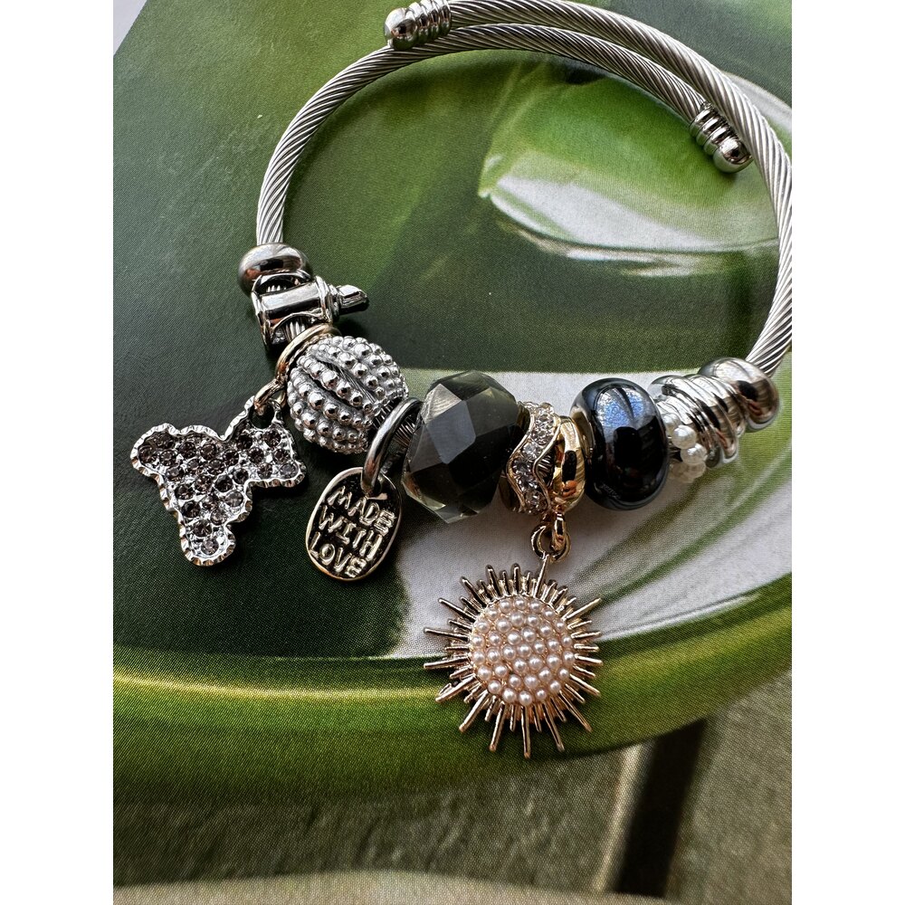 Pandora Model Siyah İnci Güneş Charm Çelik Bileklik