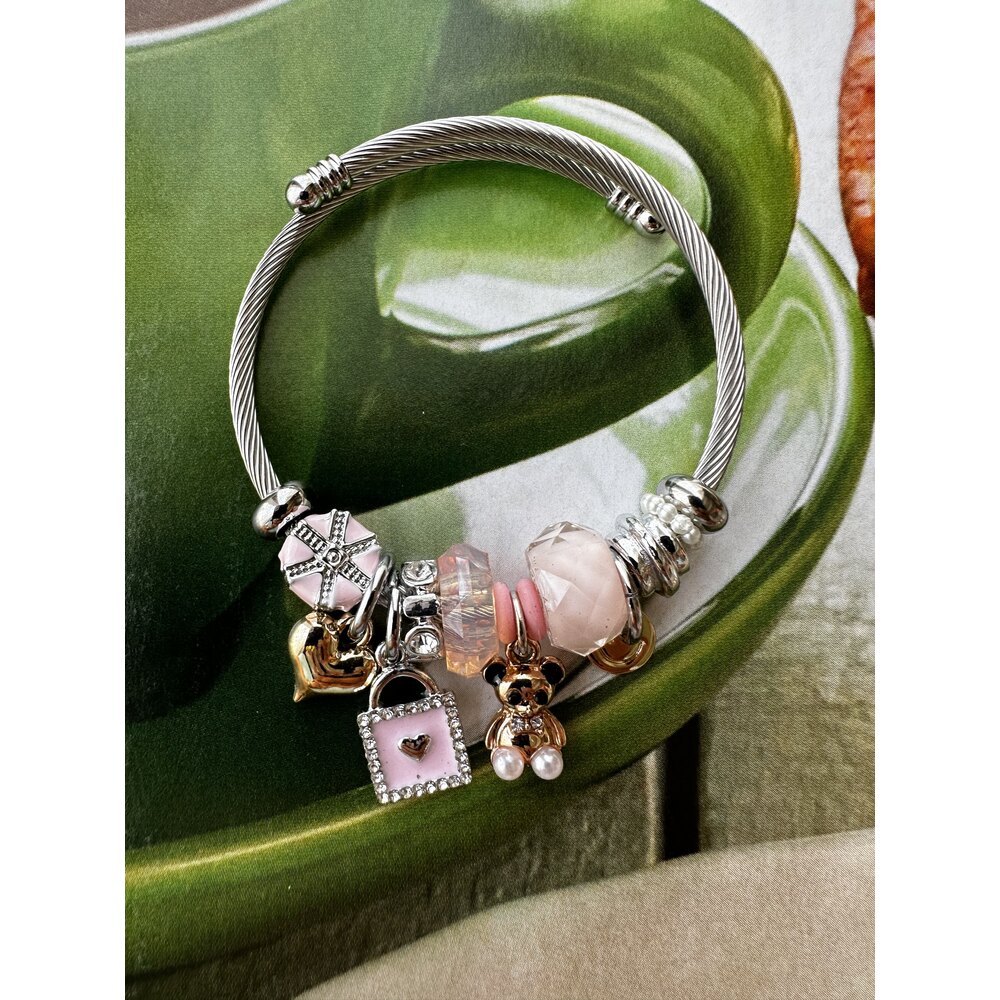 Pandora Model Pembe Ayıcık Charm Çelik Bileklik