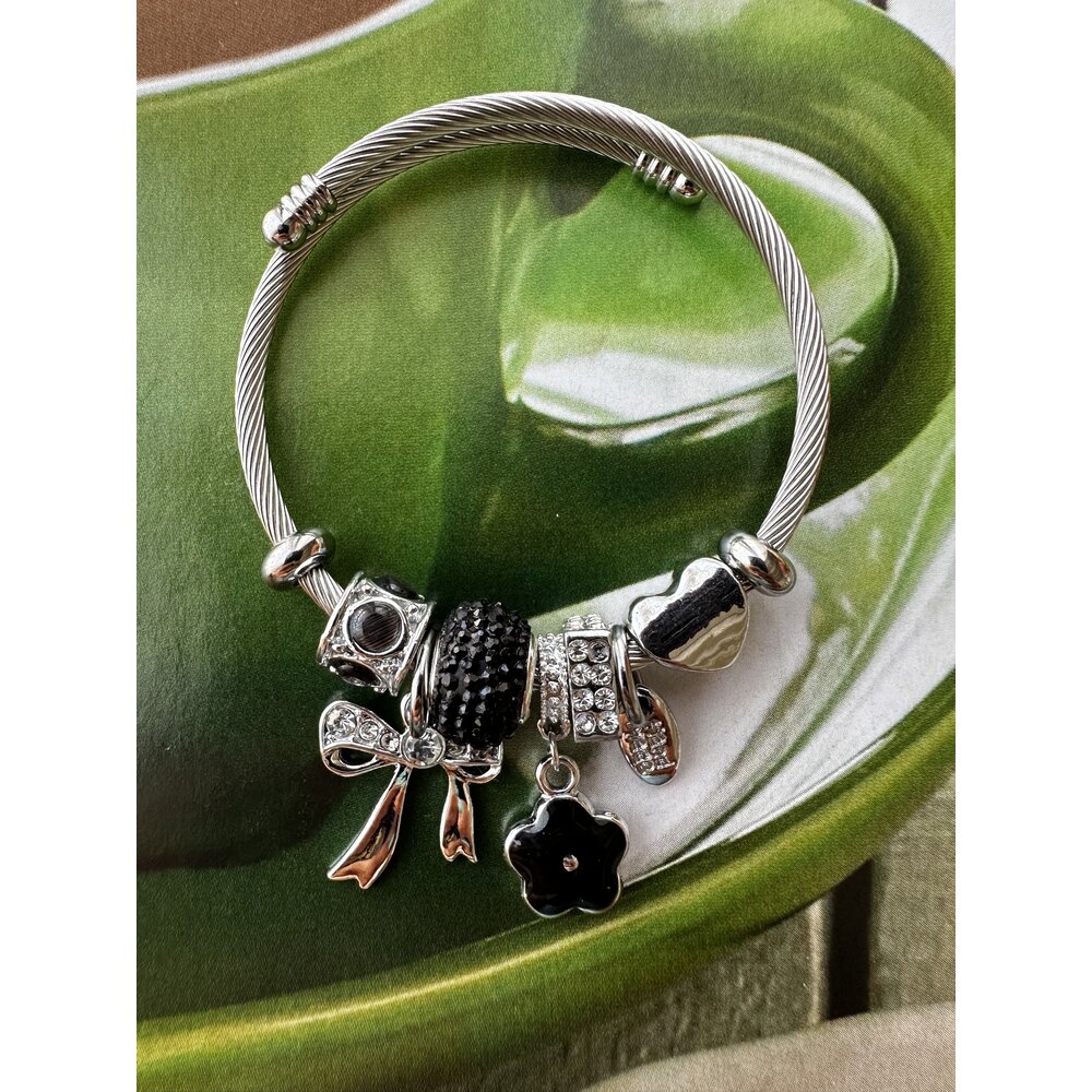 Pandora Model Siyah Papatya Charm Çelik Bileklik 
