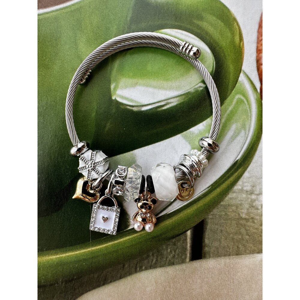 Pandora Model Beyaz Ayıcık Charm Çelik Bileklik