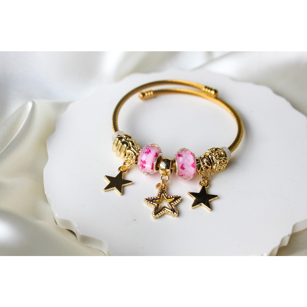 Pandora Model Pembe Yıldız Charm Çelik Bileklik