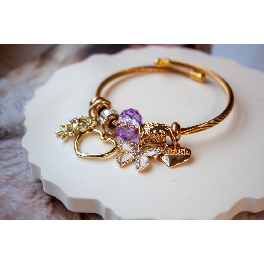 Pandora Model Mor Kelebek Charm Çelik Bileklik