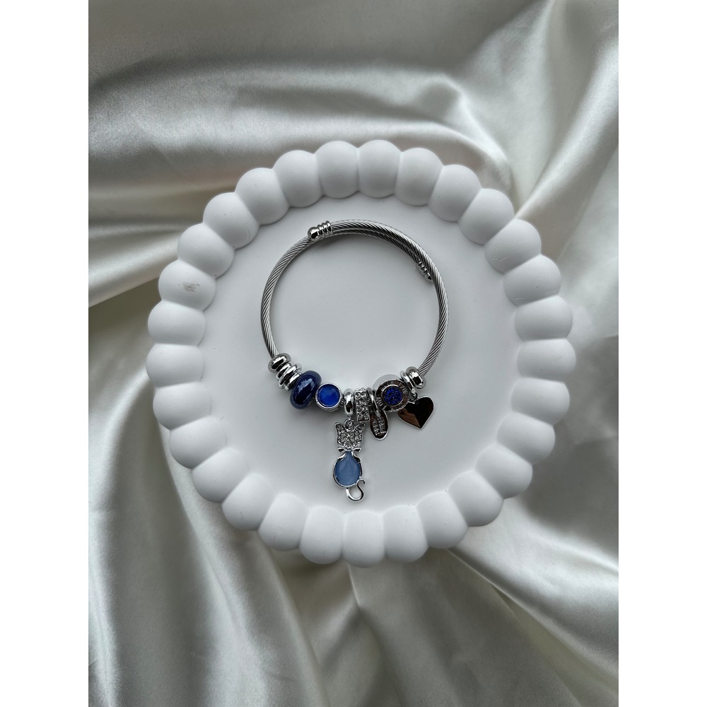 Pandora Model Mavi Kedi Charm Çelik Bileklik