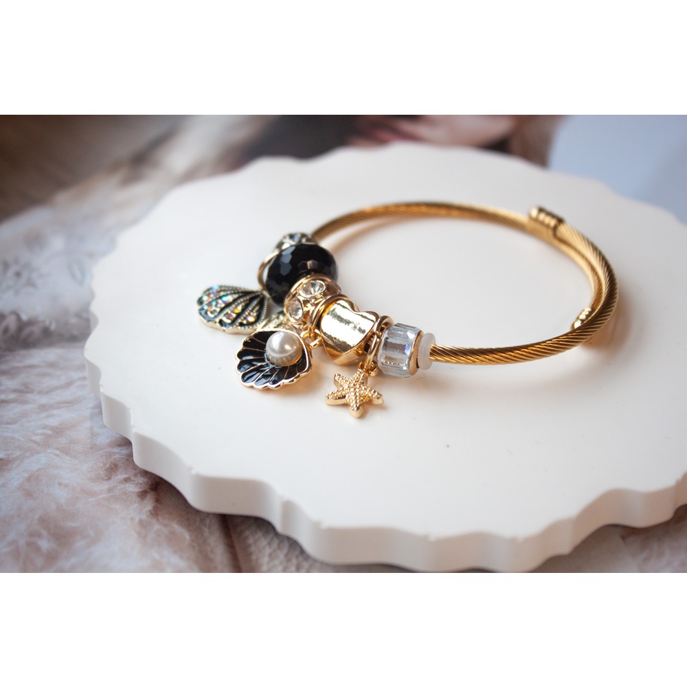 Pandora Model Siyah İnci Charm Çelik Bileklik