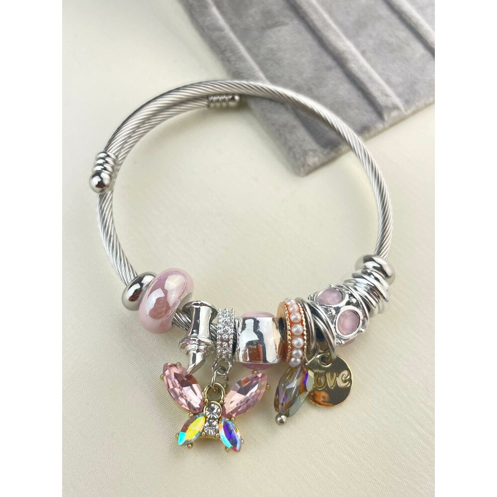 Pandora Model Pembe Kelebek Charm Çelik Bileklik