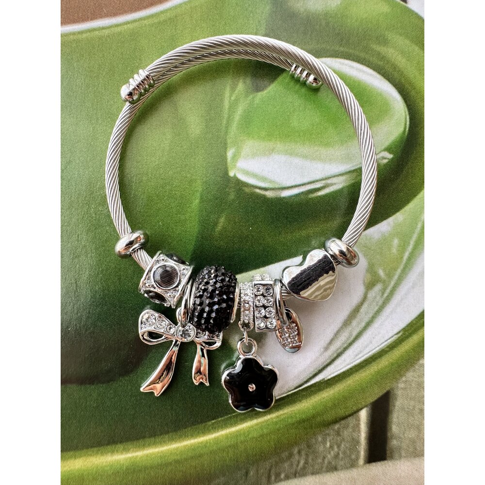 Pandora Model Siyah Papatya Charm Çelik Bileklik 