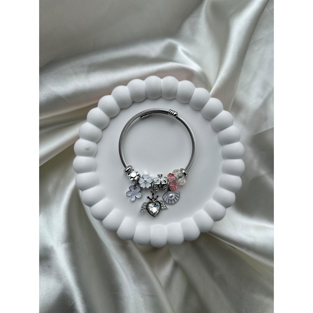 Pandora Model Beyaz Kristal Kalp Charm Çelik Bileklik 