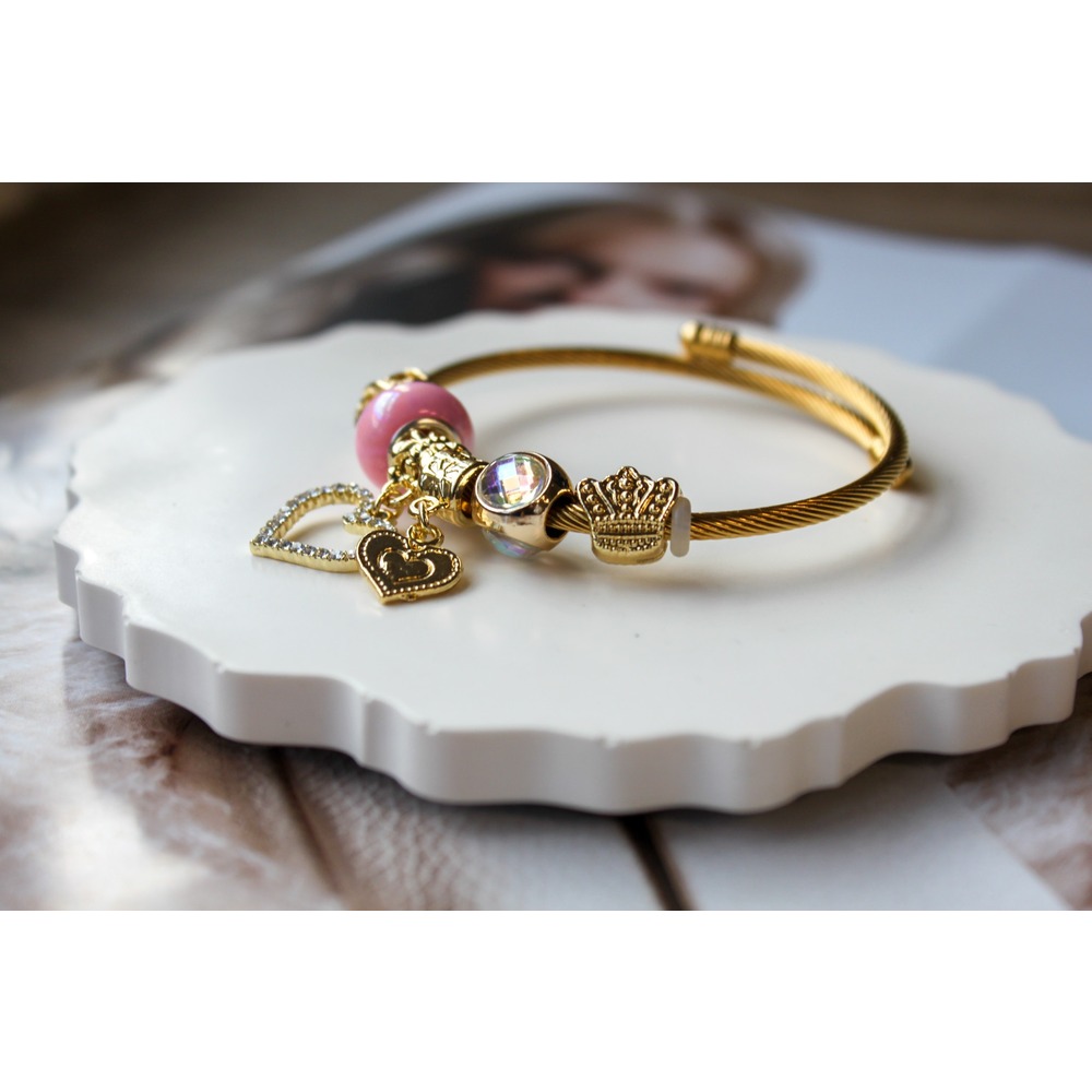 Pandora Model Pembe Kalp Charm Çelik Bileklik