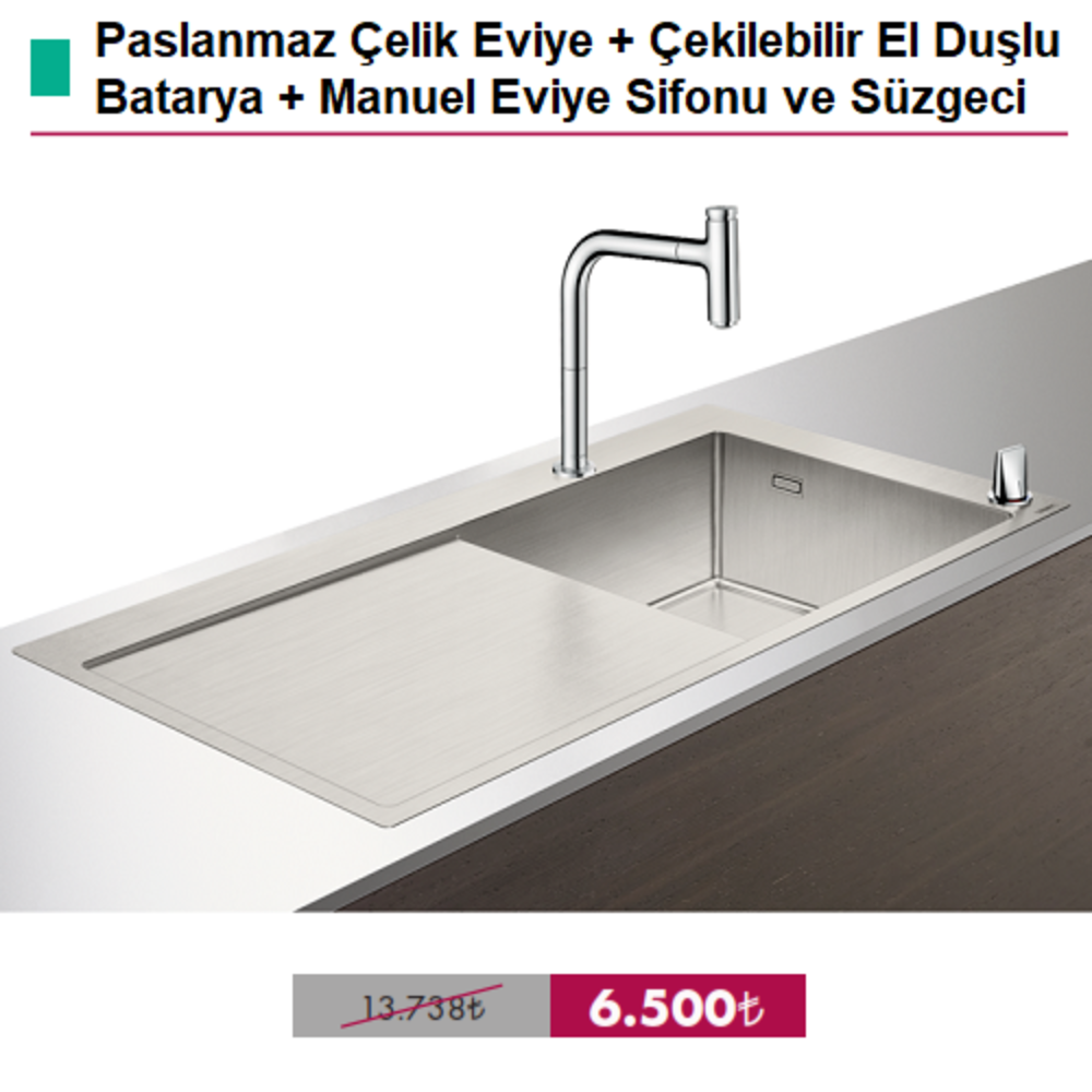 HANSGROHE Paslanmaz Çelik Ankastre Eviye + Çekilebilir El Duşlu Batarya + Sifon Seti  - (43205000)