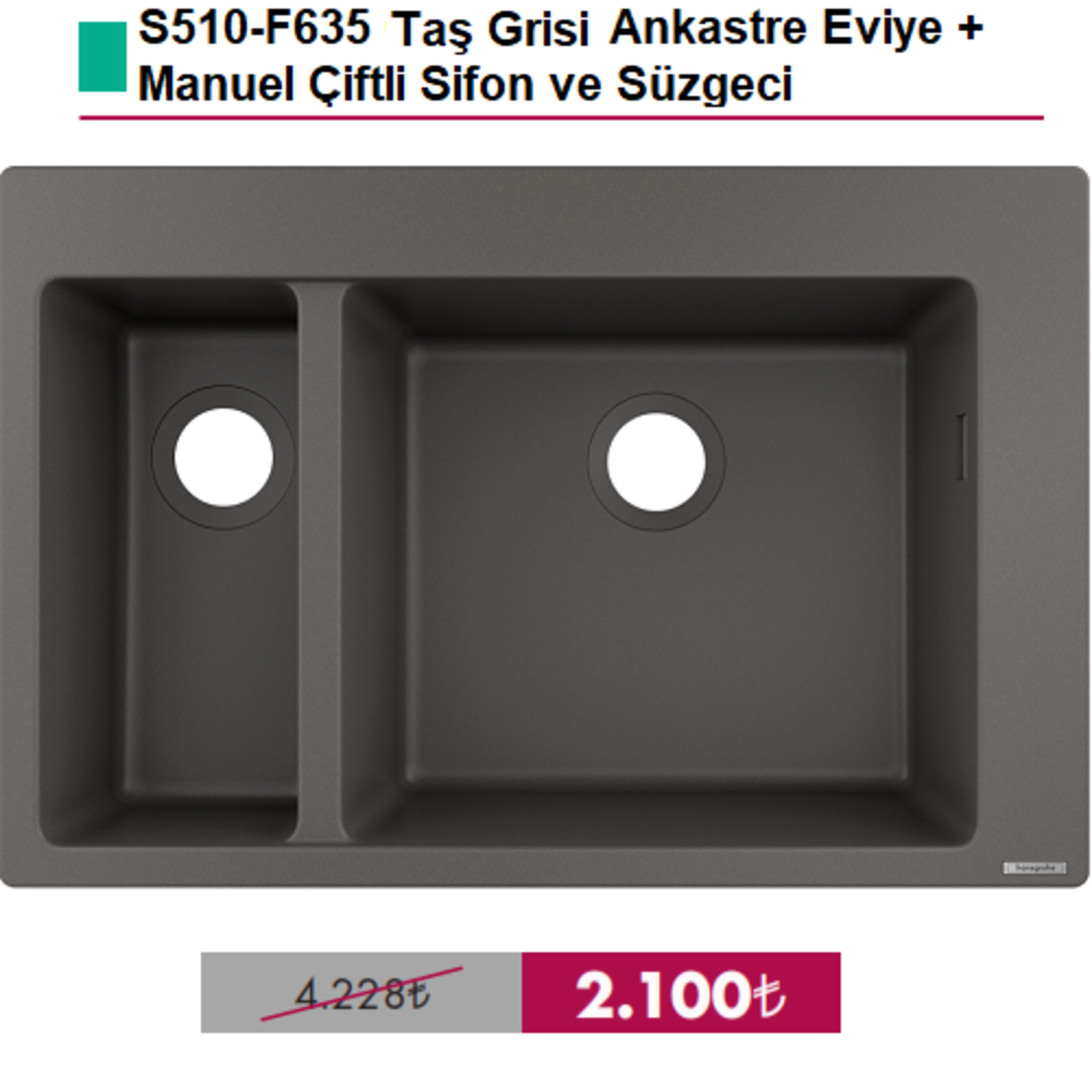 HANSGROHE Taş Grisi Çift Gözlü Ankastre Eviye + Manuel Sifon ve Süzgeci  - (43315290+43928000)