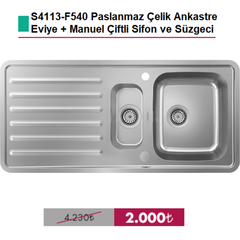 HANSGROHE Paslanmaz Çelik Çift Gözlü Ankastre Eviye + Manuel Sifon ve Süzgeci  - (43339800)
