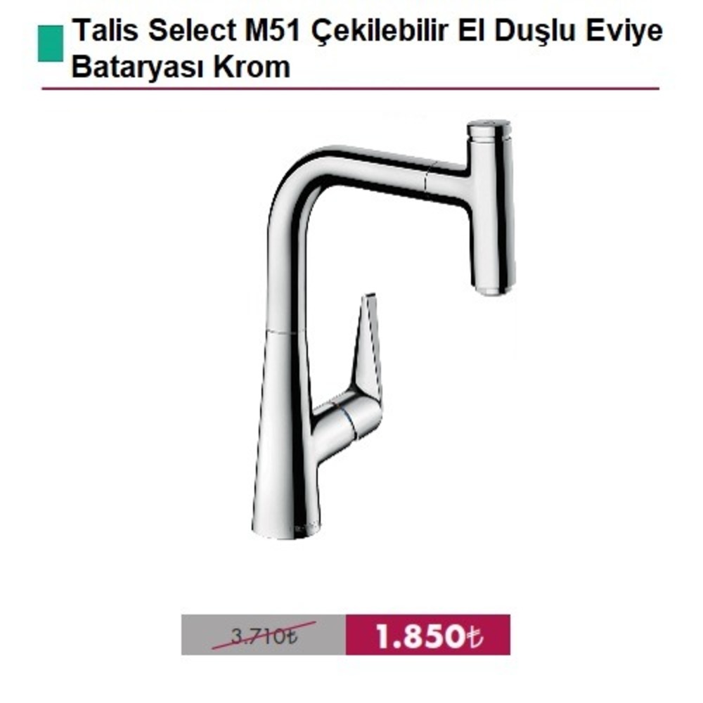 HANSGROHE Talis Select M51 Çekilebilir El Duşlu 1jet Eviye Bataryası Krom - (72822000)