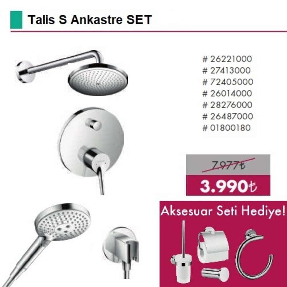 HANSGROHE Talis S Ankastre Set (Tepe Duşu+Ank. Banyo Bataryası+El Duşu) Aksesuar Hediyeli !