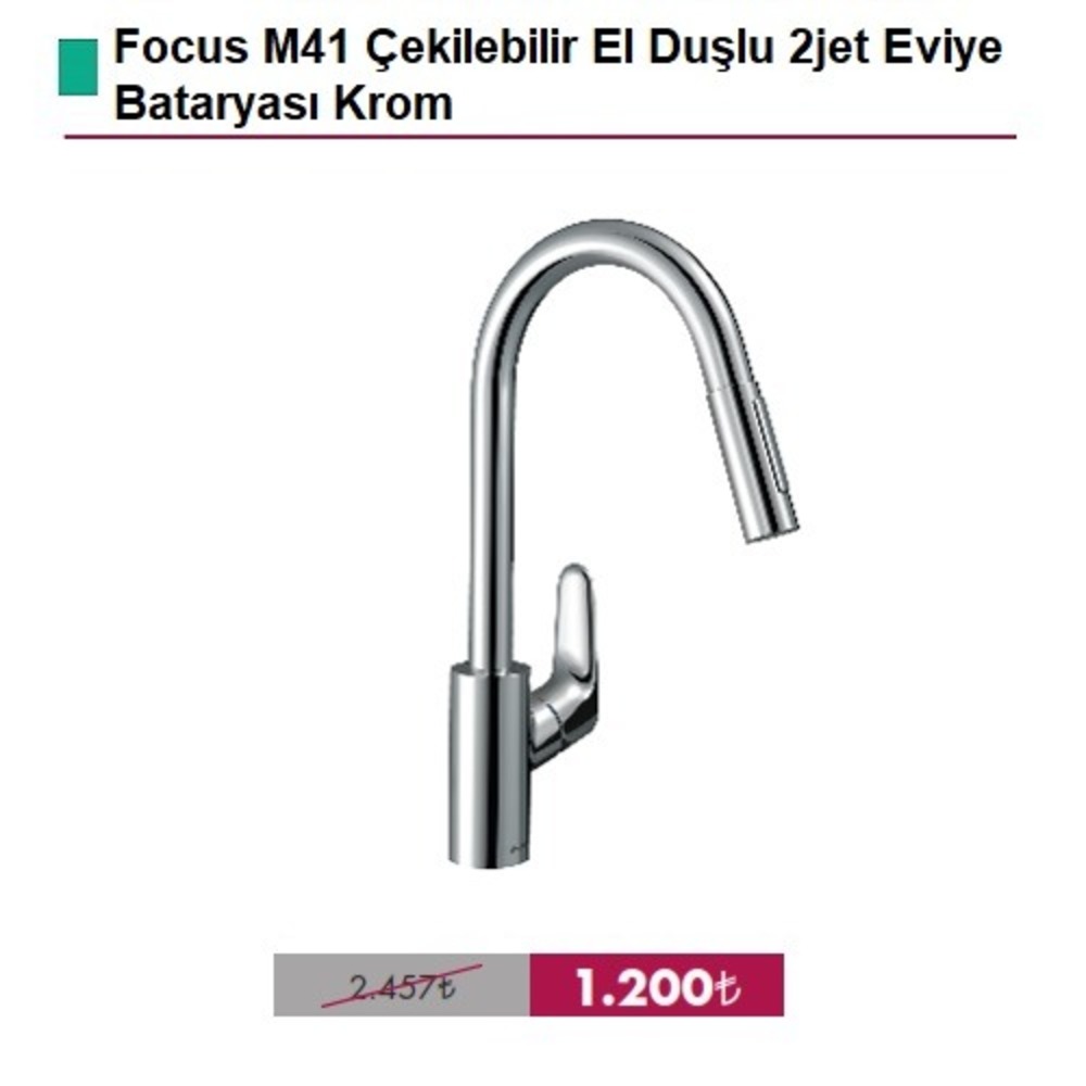 HANSGROHE Focus M41 Çekilebilir El Duşlu 2jet Eviye Bataryası Krom - (31815000)
