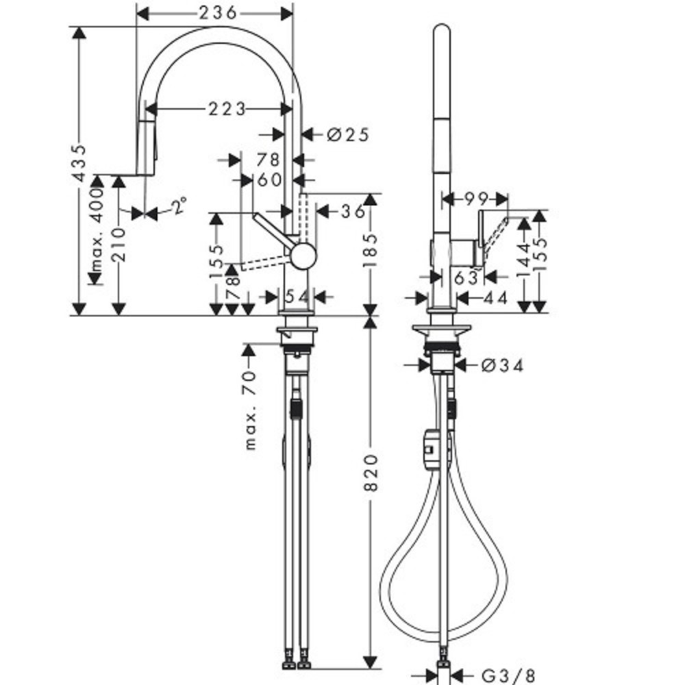 HANSGROHE Talis Çekilebilir El Duşlu 2jet Eviye Bataryası Siyah/Paslanmaz Çelik - (72800670-72800800