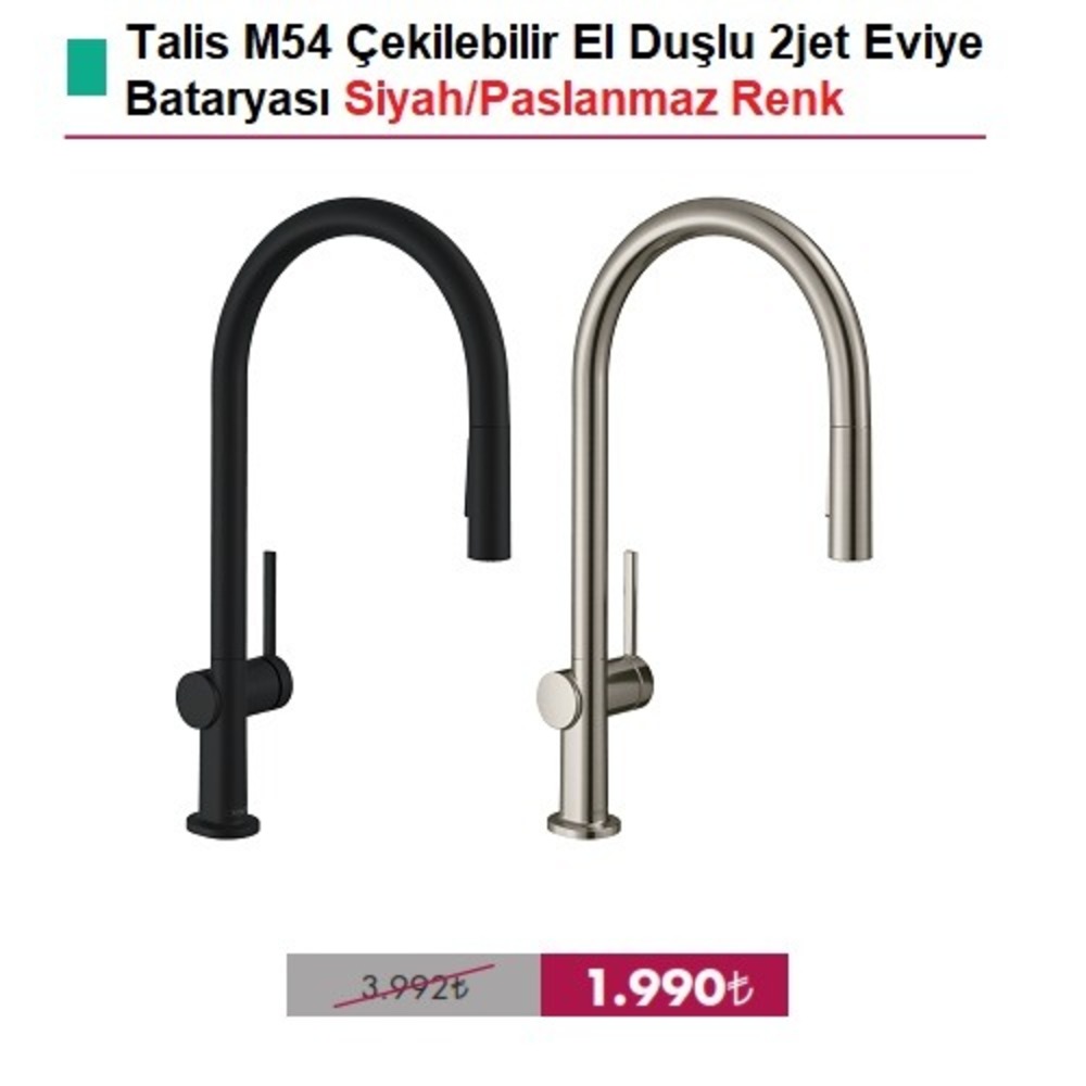 HANSGROHE Talis Çekilebilir El Duşlu 2jet Eviye Bataryası Siyah/Paslanmaz Çelik - (72800670-72800800