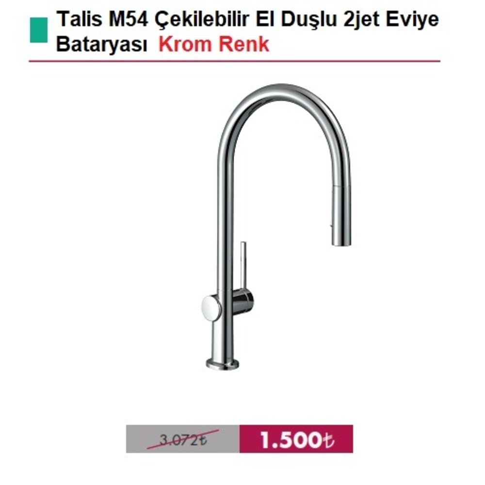 HANSGROHE Talis Çekilebilir El Duşlu 2jet Eviye Bataryası Krom - (72800000)