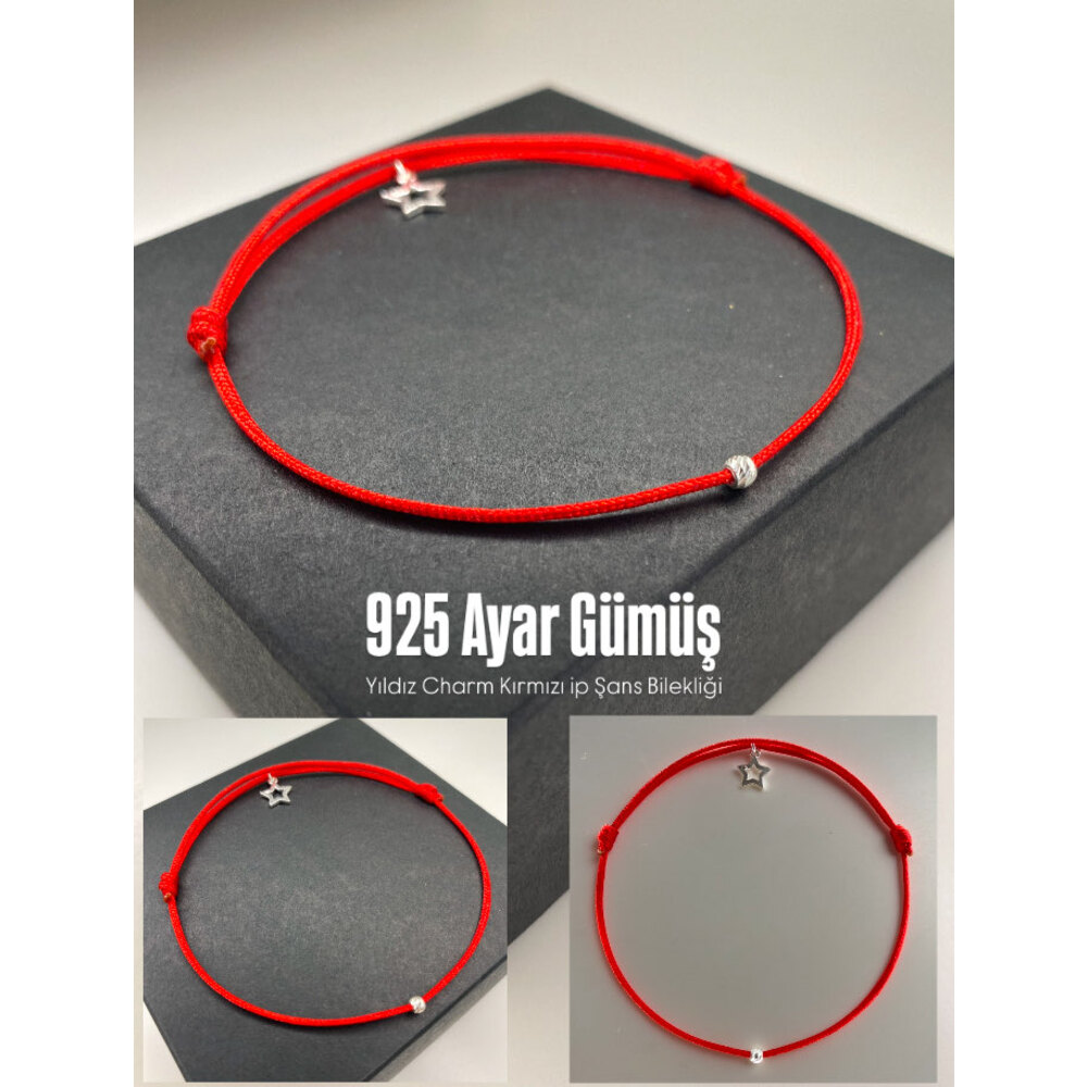 925 Ayar Gümüş Yıldız Charm Kırmızı İp Şans Bilekliği