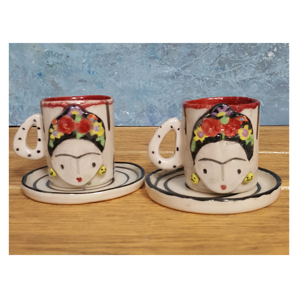 Frida Kahlo Desenli, El Yapımı, Seramik Türk Kahvesi Fincan ve Tabak 