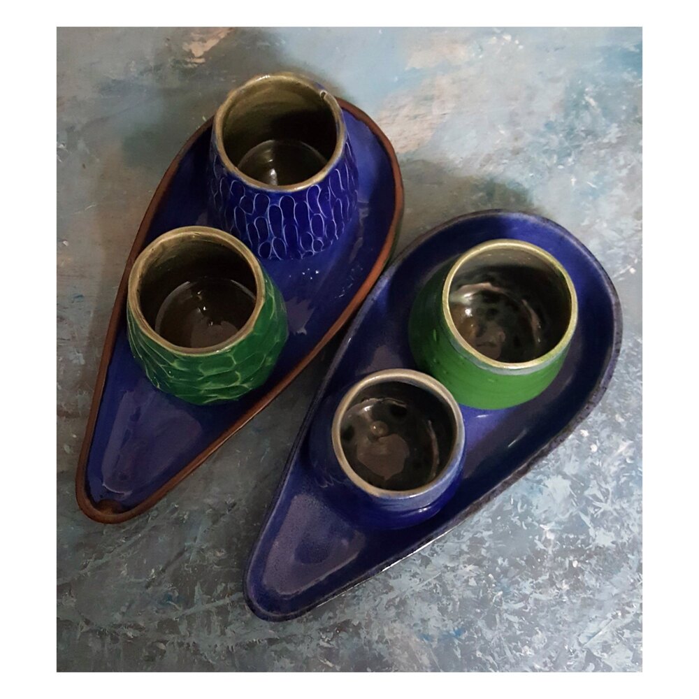 Dokulu, Kobalt Mavi, Krom Yeşil, Duble Türk Kahvesi Fincan ve Oval Tabak Seti