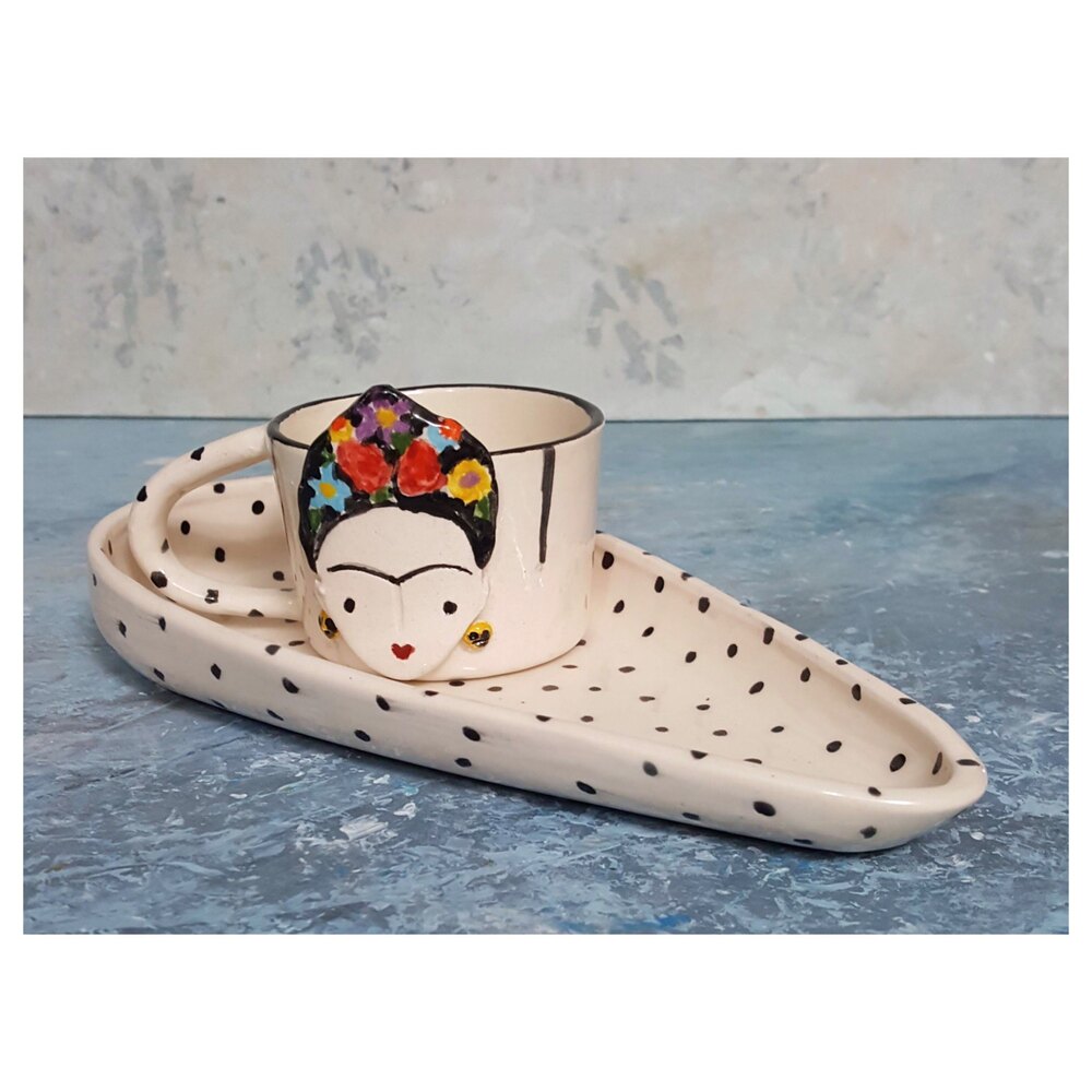 Frida Kahlo Desenli, El Yapımı, Seramik Duble Türk Kahvesi Fincan ve Tabak 