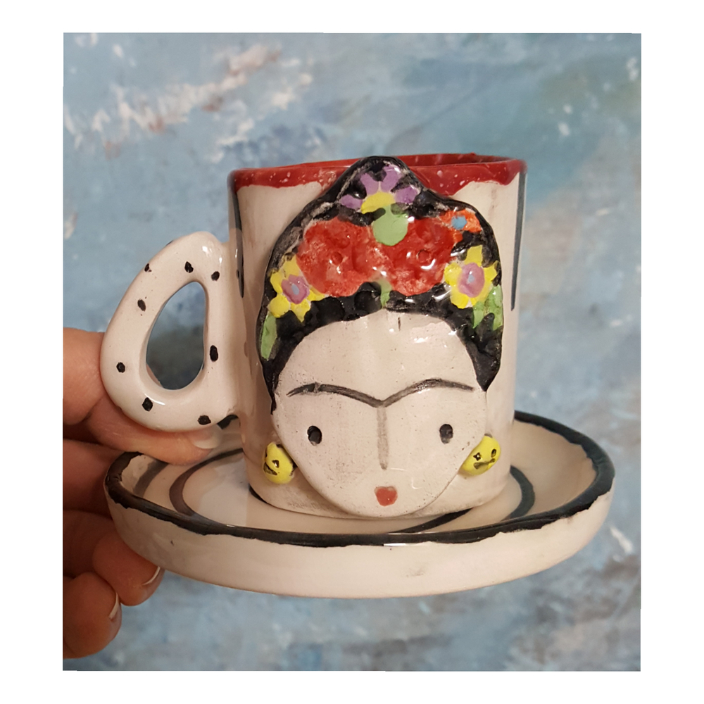 Frida Kahlo Desenli, El Yapımı, Seramik Türk Kahvesi Fincan ve Tabak 