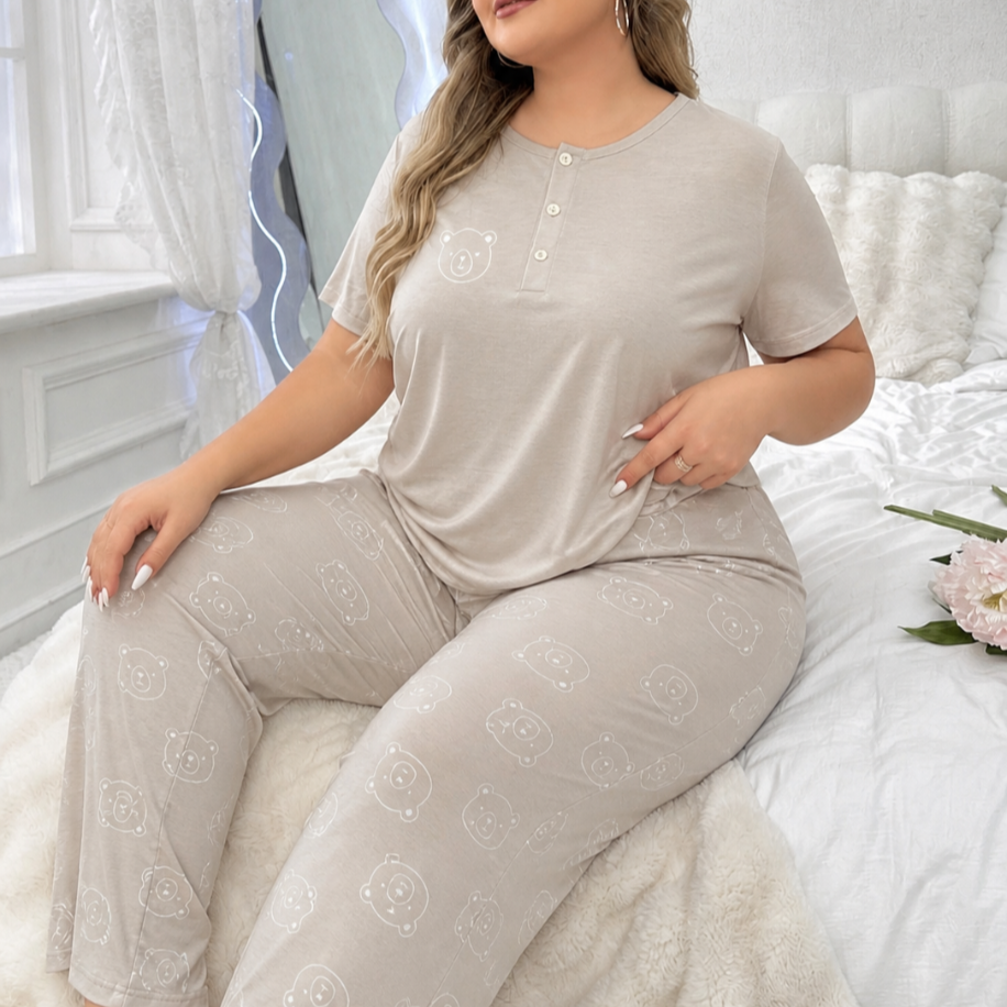 Büyük beden antrasit gri ayıcıklı pijama takımı
