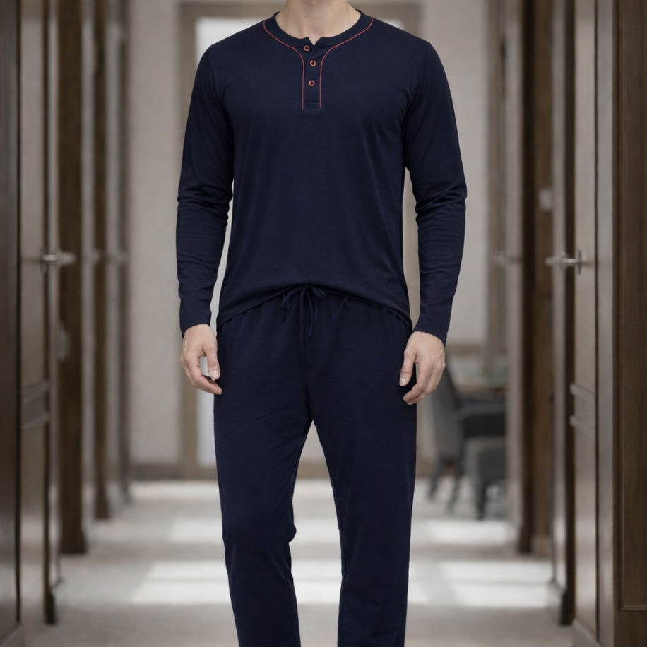 Erkek Uzun kollu Pijama takımı Yarım düğmeli lacivert 