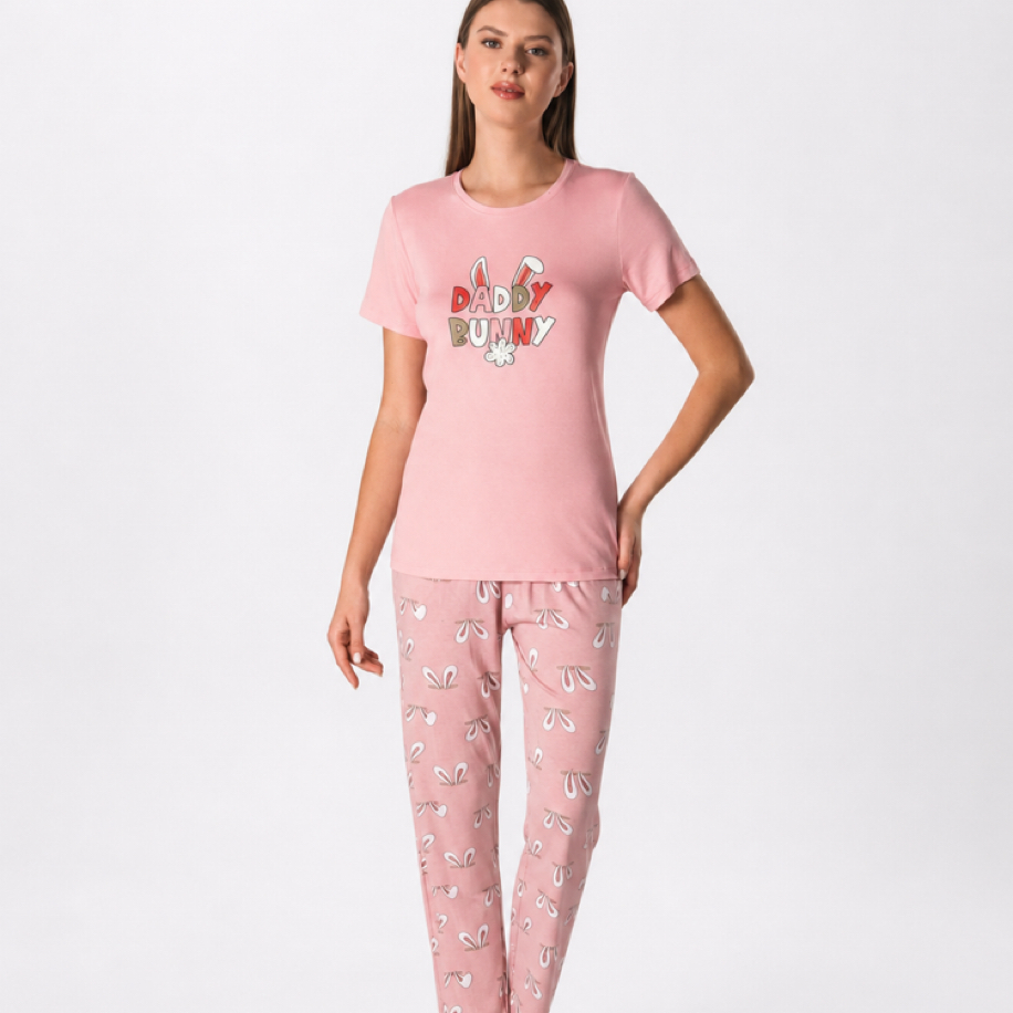 Daddy bunny yazılı pembe kadın pijama takımı