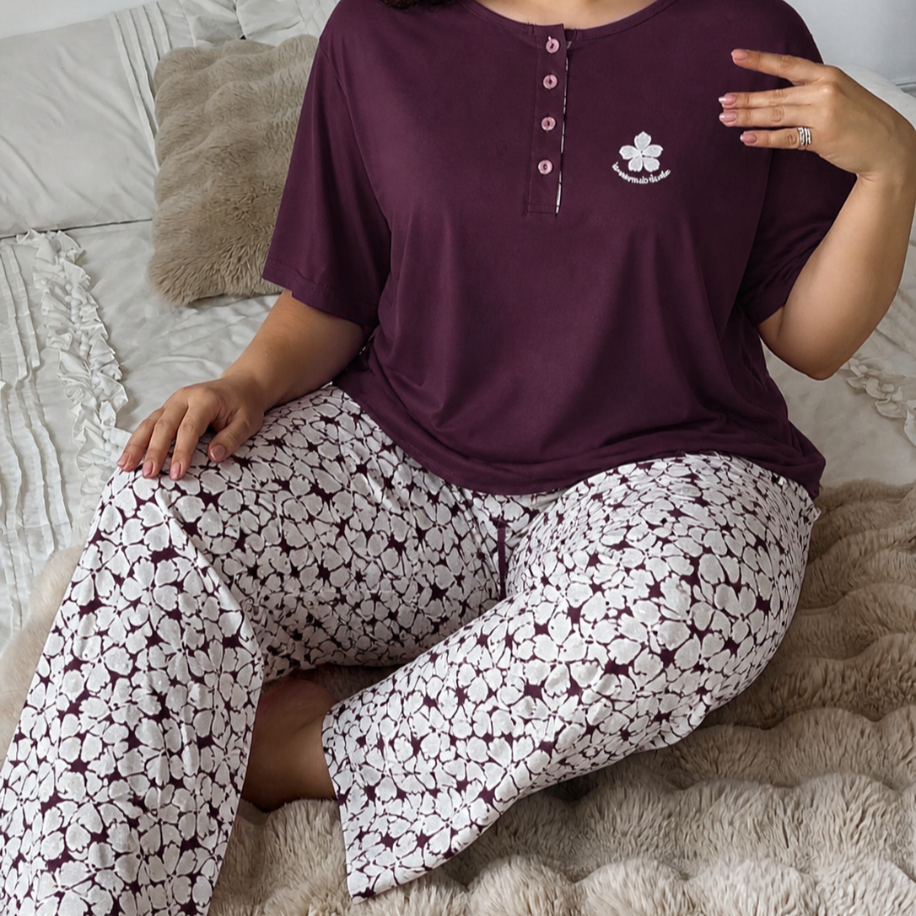 Büyük beden Mor Yarım dügmeli pijama takımı