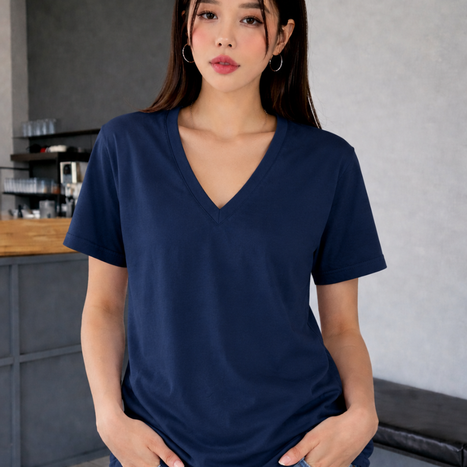 İndigo renk V YAKA Massimo Dutti t-shirt %100 pamuk